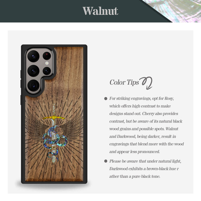 Serpent Winged Sword, Hand-Inlaid Wood & Mother of Pearl Case - Artisanal Cover for Samsung Galaxy