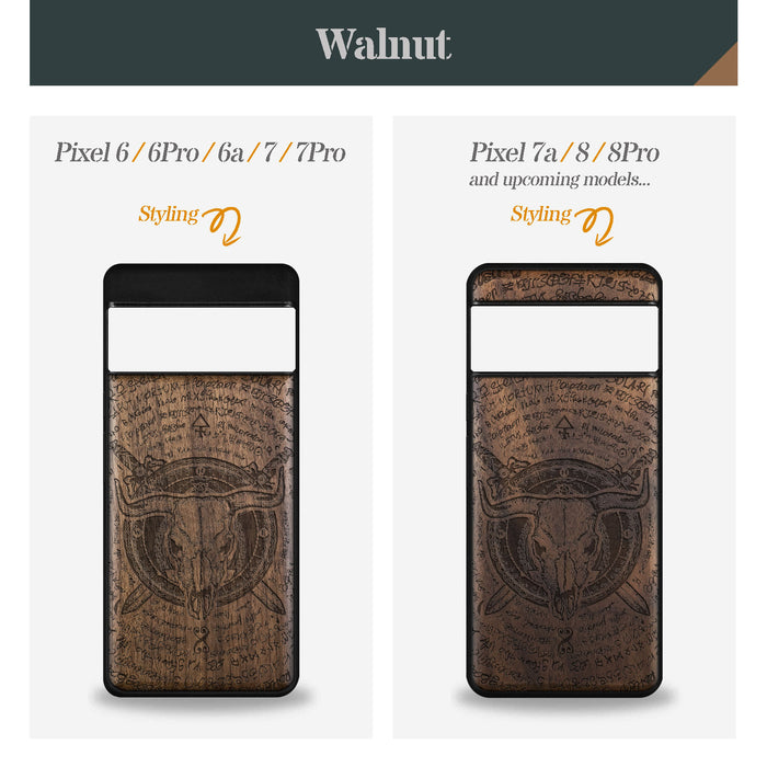 Brave Skull, Classic Engraved Wood & TPU Case - Artisanal Cover for Google Pixel