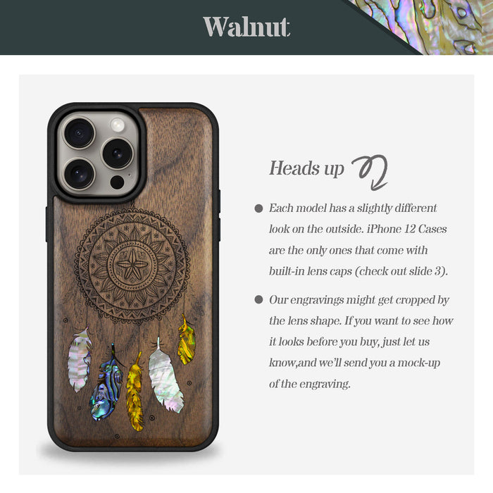 Dreamcatcher's Embrace, Hand-Inlaid Wood & Mother of Pearl Case - Artisanal Cover for Apple iPhone