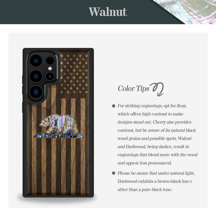 American Flag, Bear, Hand-Inlaid Wood & Mother of Pearl Case - Artisanal Cover for Samsung Galaxy