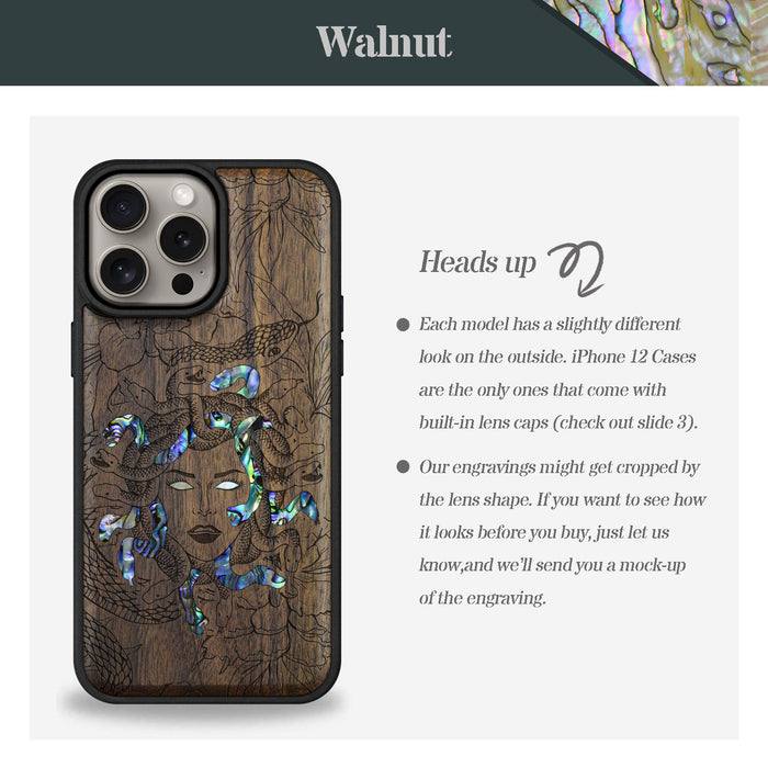 The Medusa Enigma, Hand-Inlaid Wood & Mother of Pearl Case - Artisanal Cover for Apple iPhone