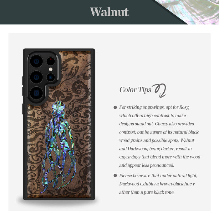 Cephalopod's Nocturne, Hand-Inlaid Wood & Mother of Pearl Case - Artisanal Cover for Samsung Galaxy