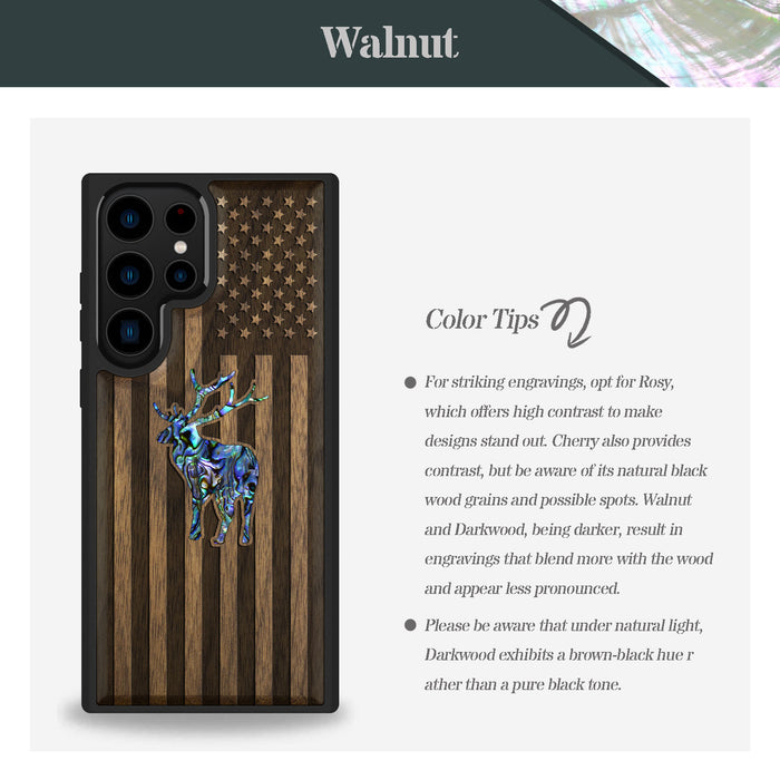 American Flag, Deer, Hand-Inlaid Wood & Mother of Pearl Case - Artisanal Cover for Samsung Galaxy