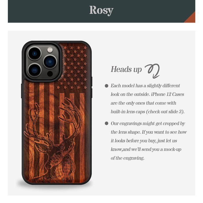 Deer Against the Backdrop of Stars and Stripes, Classic Engraved Wood & TPU Case - Artisanal Cover for Apple iPhone