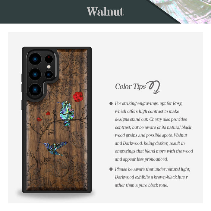 A Dance of Flora and Avian, Hand-Inlaid Wood & Mother of Pearl Case - Artisanal Cover for Samsung Galaxy