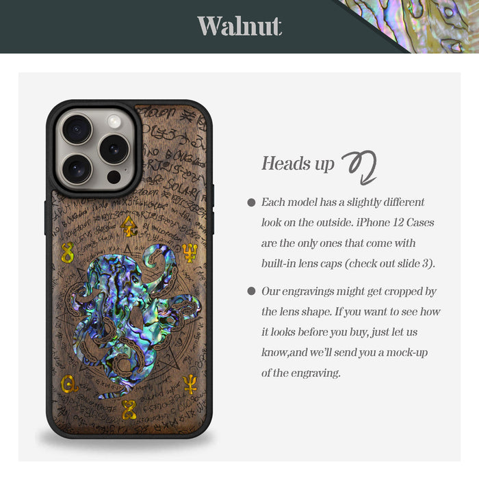 Octopus and Octagonal Star, Hand-Inlaid Wood & Mother of Pearl Case - Artisanal Cover for Apple iPhone