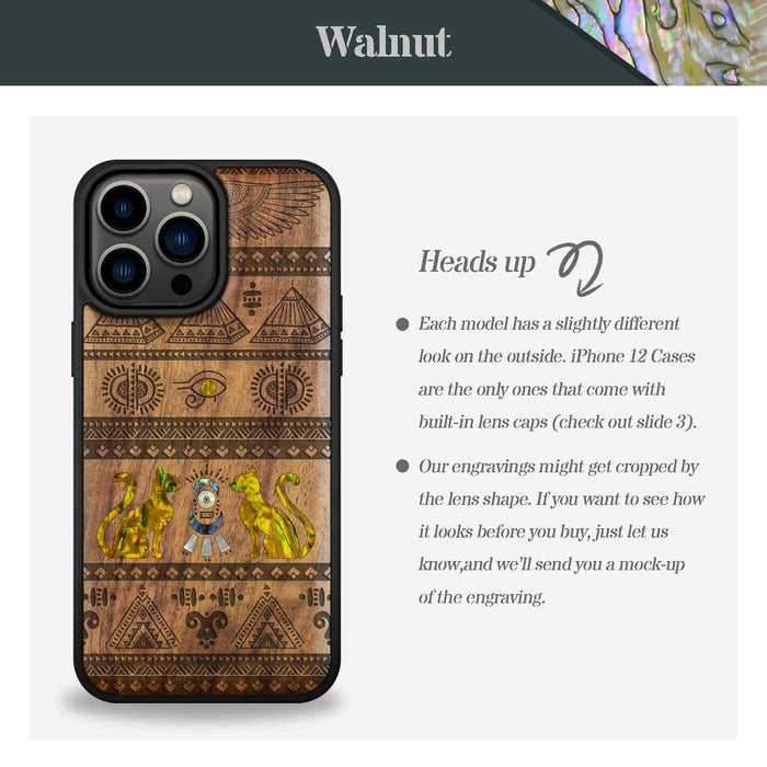 The Symbols of Egypt, Hand-Inlaid Wood & Mother of Pearl Case - Artisanal Cover for Apple iPhone