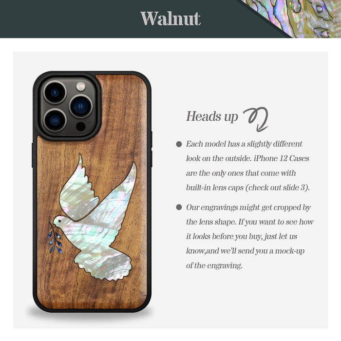 The Dove with Olive Branch, Hand-Inlaid Wood & Mother of Pearl Case - Artisanal Cover for Apple iPhone