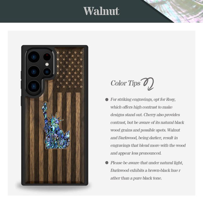 Statue of Liberty and Flag, Hand-Inlaid Wood & Mother of Pearl Case - Artisanal Cover for Samsung Galaxy