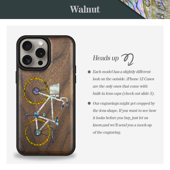 Classic Bicycle Silhouette, Hand-Inlaid Wood & Mother of Pearl Case - Artisanal Cover for Apple iPhone