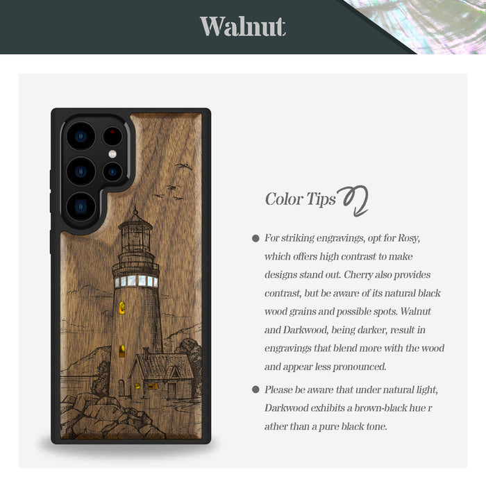 The Lighthouse, Hand-Inlaid Wood & Mother of Pearl Case - Artisanal Cover for Samsung Galaxy