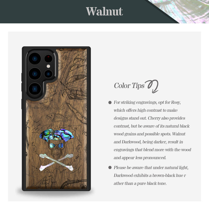 The Pirate's Legacy, Hand-Inlaid Wood & Mother of Pearl Case - Artisanal Cover for Samsung Galaxy