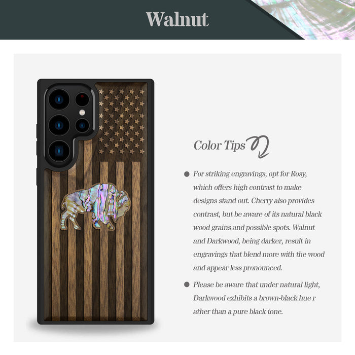 American Flag, Bison, Hand-Inlaid Wood & Mother of Pearl Case - Artisanal Cover for Samsung Galaxy