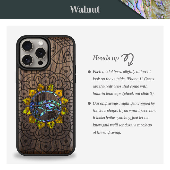 Eternal Horus Mandala, Hand-Inlaid Wood & Mother of Pearl Case - Artisanal Cover for Apple iPhone