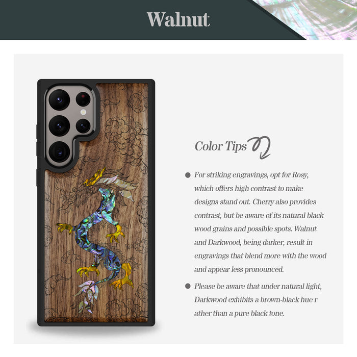 The Dragon's Ascen, Hand-Inlaid Wood & Mother of Pearl Case - Artisanal Cover for Samsung Galaxy