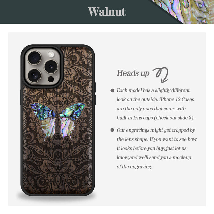 Baroque Butterfly, Hand-Inlaid Wood & Mother of Pearl Case - Artisanal Cover for Apple iPhone