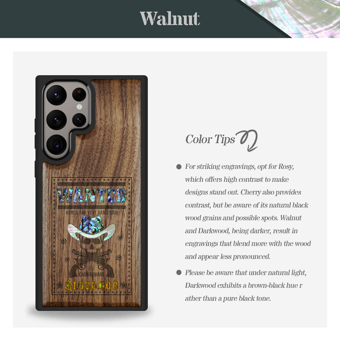 Outlaw Skull Wanted, Hand-Inlaid Wood & Mother of Pearl Case - Artisanal Cover for Samsung Galaxy