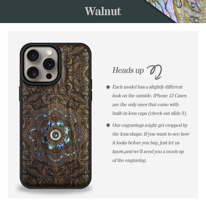 Ethereal Bloom Mandala, Hand-Inlaid Wood & Mother of Pearl Case - Artisanal Cover for Apple iPhone