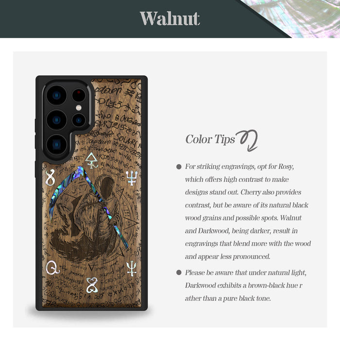 The Reaper's Scythe, Hand-Inlaid Wood & Mother of Pearl Case - Artisanal Cover for Samsung Galaxy