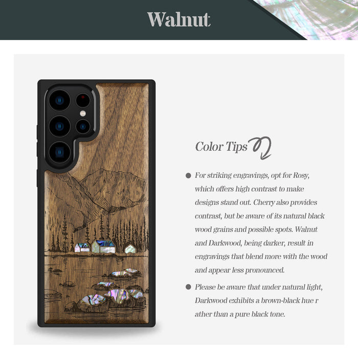 Mountains, Lake, and Village Life, Hand-Inlaid Wood & Mother of Pearl Case - Artisanal Cover for Samsung Galaxy