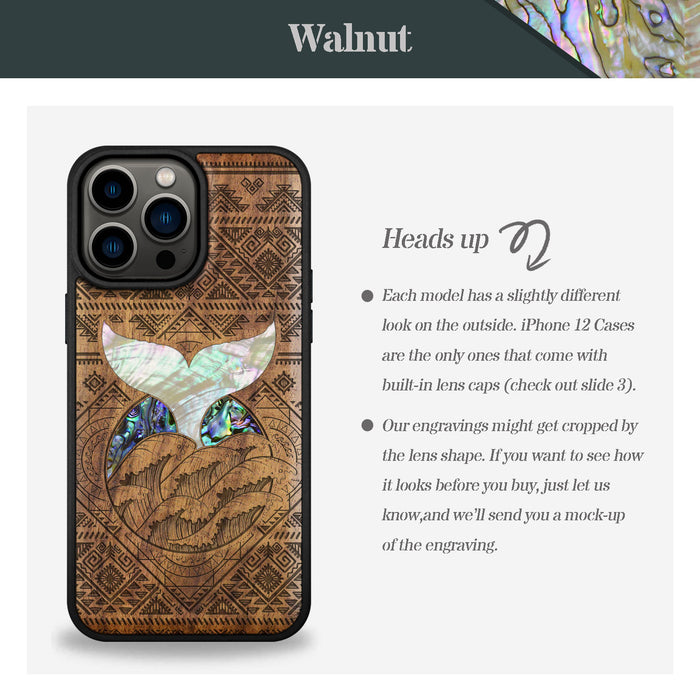 The Whale's Song Amidst Aztec Waves, Hand-Inlaid Wood & Mother of Pearl Case - Artisanal Cover for Apple iPhone