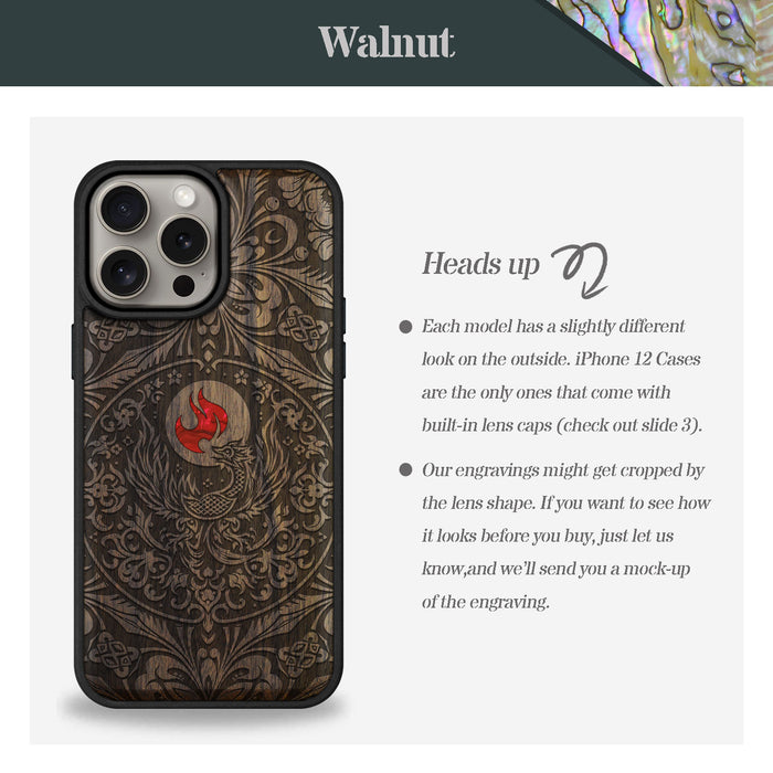 Phoenix in Symmetry, Hand-Inlaid Wood & Mother of Pearl Case - Artisanal Cover for Apple iPhone