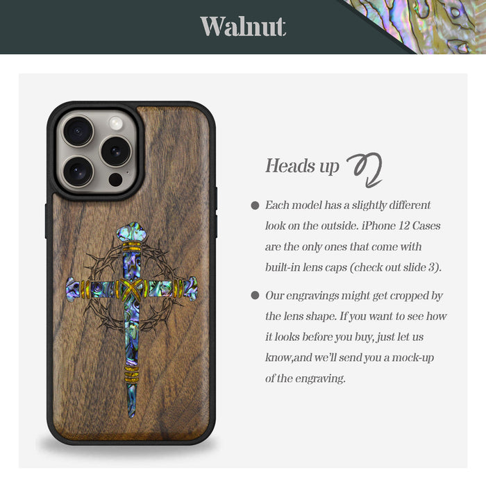 Crucifix Nails, Hand-Inlaid Wood & Mother of Pearl Case - Artisanal Cover for Apple iPhone