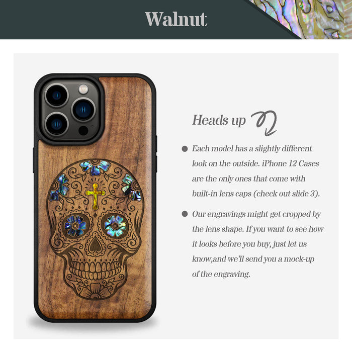 The Dia de los Muertos Sugar Skull, Hand-Inlaid Wood & Mother of Pearl Case - Artisanal Cover for Apple iPhone