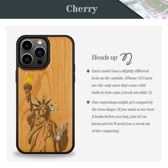 Statue of Liberty, Hand-Inlaid Wood & Mother of Pearl Case - Artisanal Cover for Apple iPhone