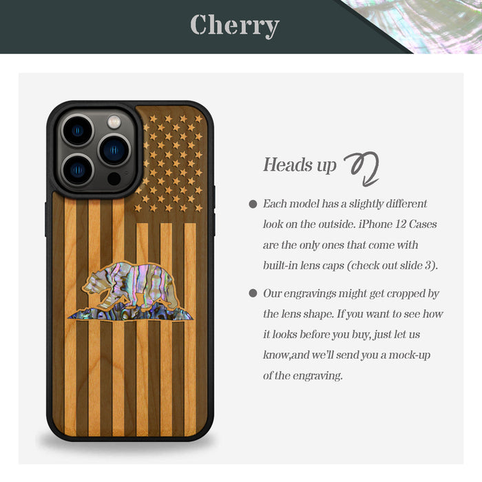 American Flag, Bear, Hand-Inlaid Wood & Mother of Pearl Case - Artisanal Cover for Apple iPhone