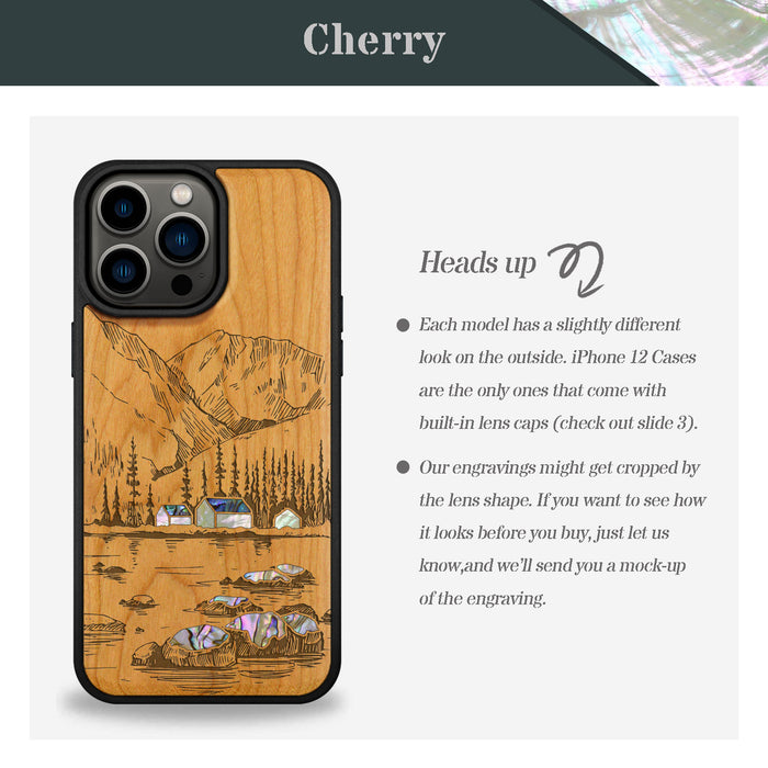 Mountains, Lake, and Village Life, Hand-Inlaid Wood & Mother of Pearl Case - Artisanal Cover for Apple iPhone