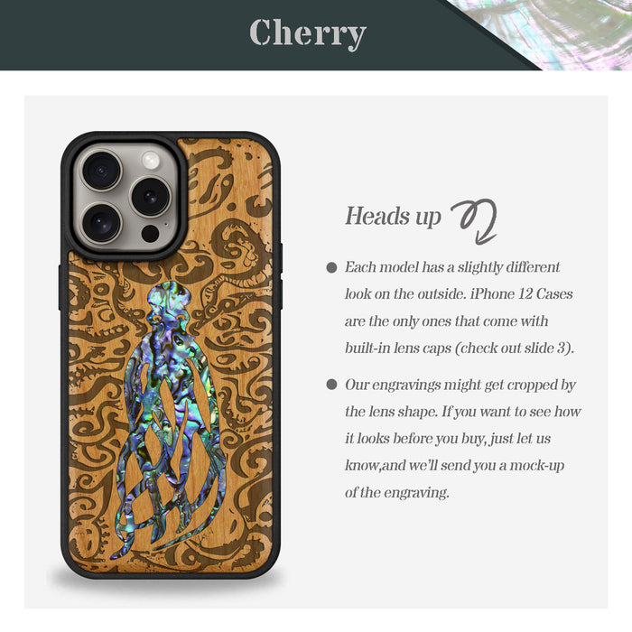 Cephalopod's Nocturne, Hand-Inlaid Wood & Mother of Pearl Case - Artisanal Cover for Apple iPhone