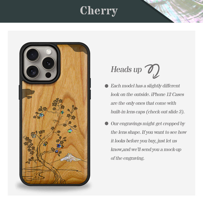 Cherry Blossom, Hand-Inlaid Wood & Mother of Pearl Case - Artisanal Cover for Apple iPhone