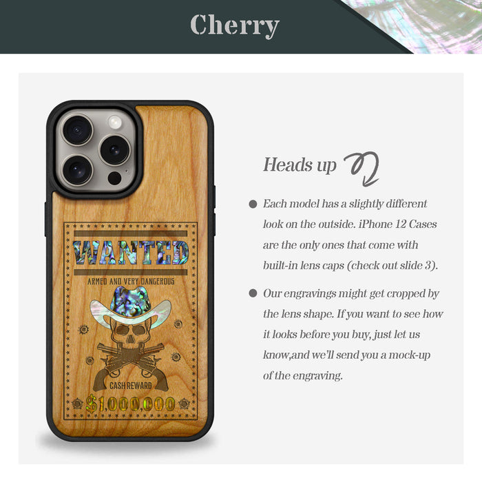 Outlaw Skull Wanted, Hand-Inlaid Wood & Mother of Pearl Case - Artisanal Cover for Apple iPhone