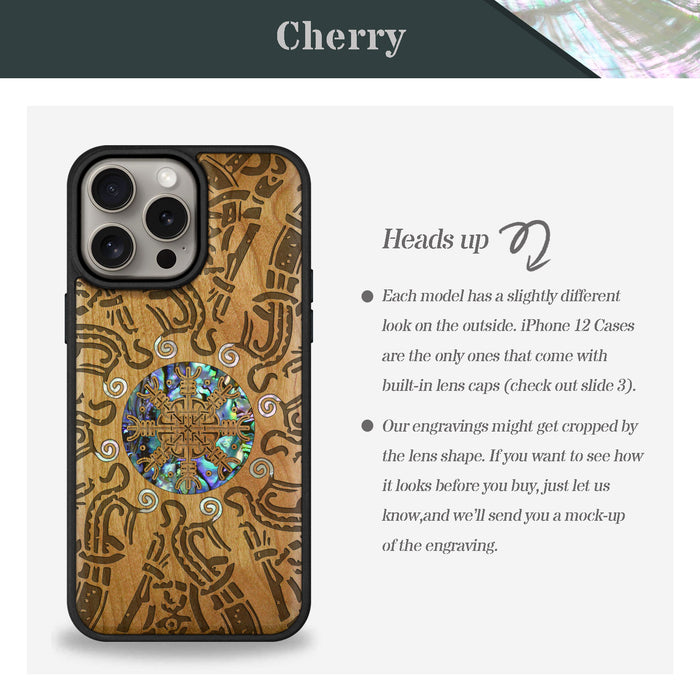 Shield of the Ancients, Hand-Inlaid Wood & Mother of Pearl Case - Artisanal Cover for Apple iPhone