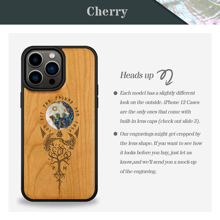 Vegvísir, Ravens, and Yggdrasil, Hand-Inlaid Wood & Mother of Pearl Case - Artisanal Cover for Apple iPhone