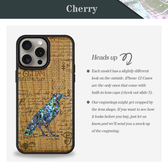 Raven Script, Hand-Inlaid Wood & Mother of Pearl Case - Artisanal Cover for Apple iPhone