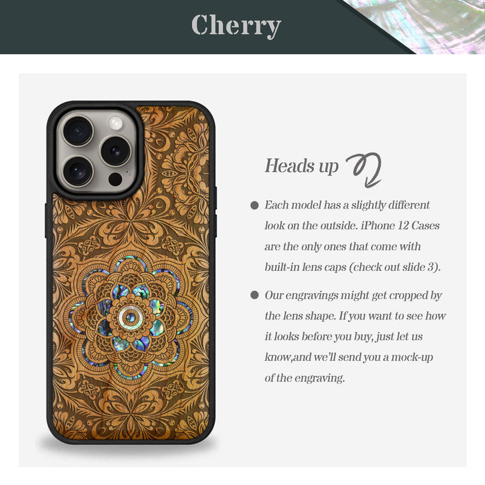 Ethereal Bloom Mandala, Hand-Inlaid Wood & Mother of Pearl Case - Artisanal Cover for Apple iPhone