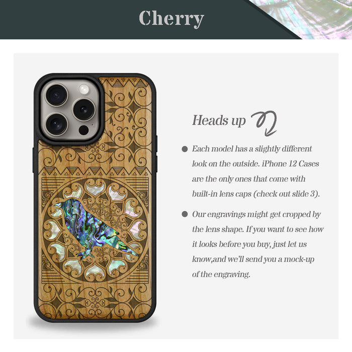 The Zentangle Crow, Hand-Inlaid Wood & Mother of Pearl Case - Artisanal Cover for Apple iPhone