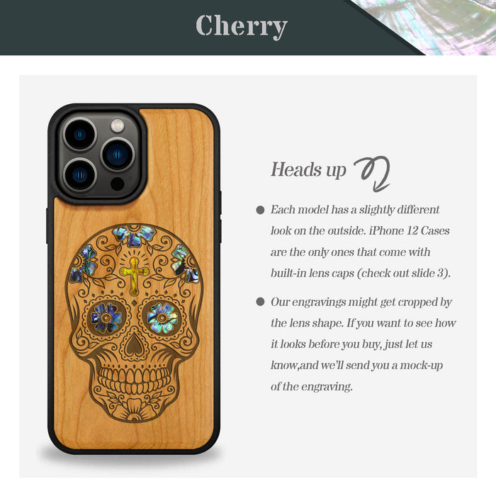 The Dia de los Muertos Sugar Skull, Hand-Inlaid Wood & Mother of Pearl Case - Artisanal Cover for Apple iPhone