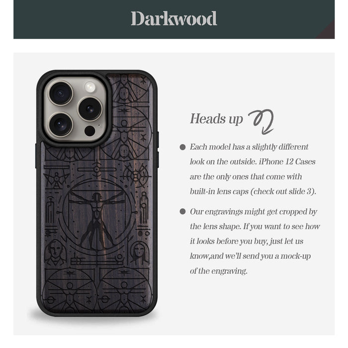 Vitruvian Man, Classic Engraved Wood & TPU Case - Artisanal Cover for Apple iPhone