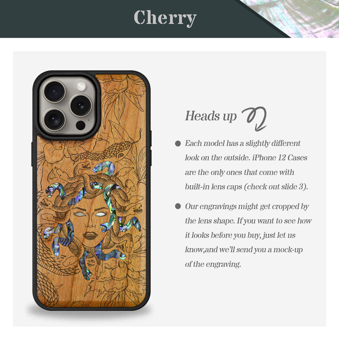 The Medusa Enigma, Hand-Inlaid Wood & Mother of Pearl Case - Artisanal Cover for Apple iPhone