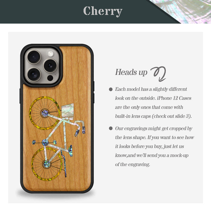 Classic Bicycle Silhouette, Hand-Inlaid Wood & Mother of Pearl Case - Artisanal Cover for Apple iPhone