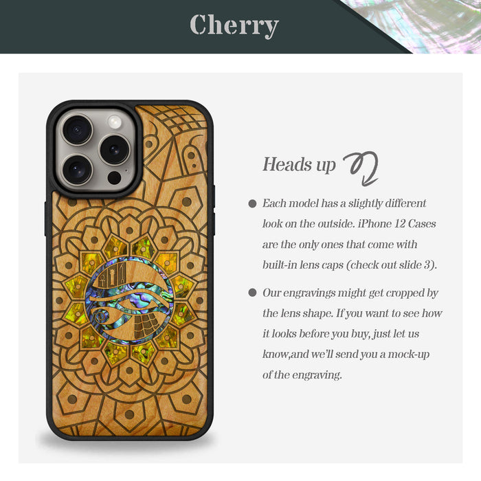 Eternal Horus Mandala, Hand-Inlaid Wood & Mother of Pearl Case - Artisanal Cover for Apple iPhone