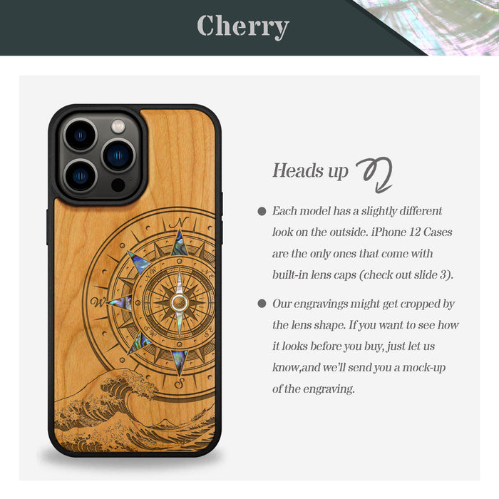 The Compass and the Wave, Hand-Inlaid Wood & Mother of Pearl Case - Artisanal Cover for Apple iPhone