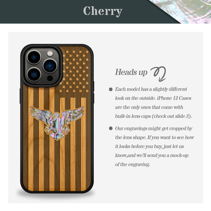 Bald Eagle and Flag, Hand-Inlaid Wood & Mother of Pearl Case - Artisanal Cover for Apple iPhone