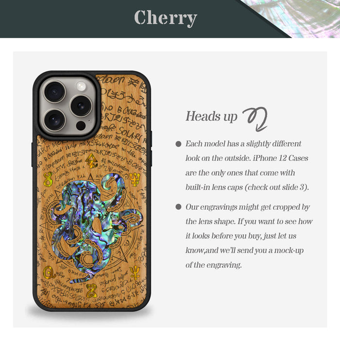 Octopus and Octagonal Star, Hand-Inlaid Wood & Mother of Pearl Case - Artisanal Cover for Apple iPhone