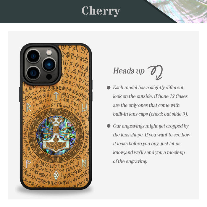 Mjölnir and the Runes, Hand-Inlaid Wood & Mother of Pearl Case - Artisanal Cover for Apple iPhone