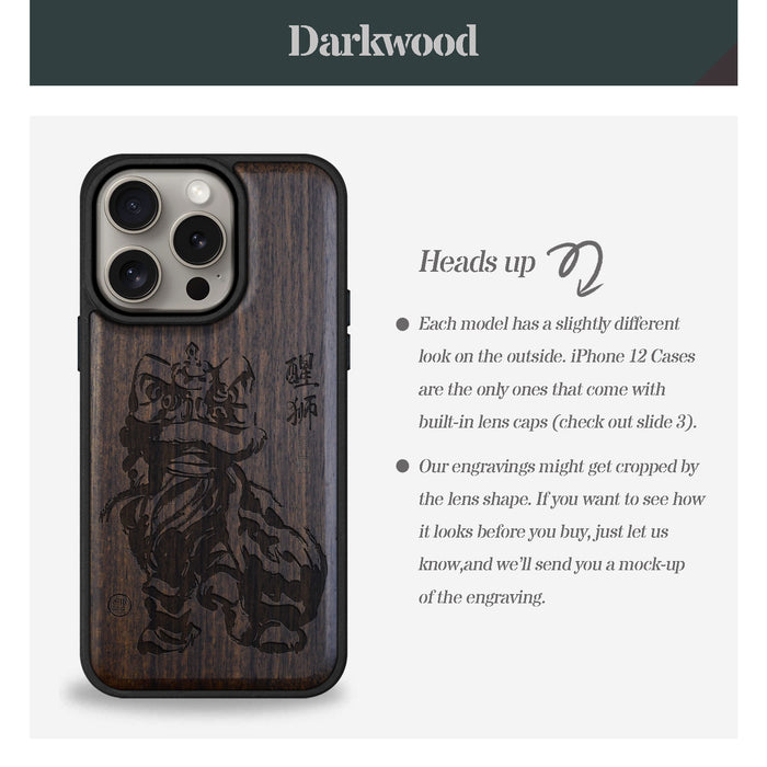 Lunar Lion, Classic Engraved Wood & TPU Case - Artisanal Cover for Apple iPhone