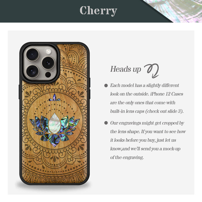 Lotus Mandala Essence, Hand-Inlaid Wood & Mother of Pearl Case - Artisanal Cover for Apple iPhone
